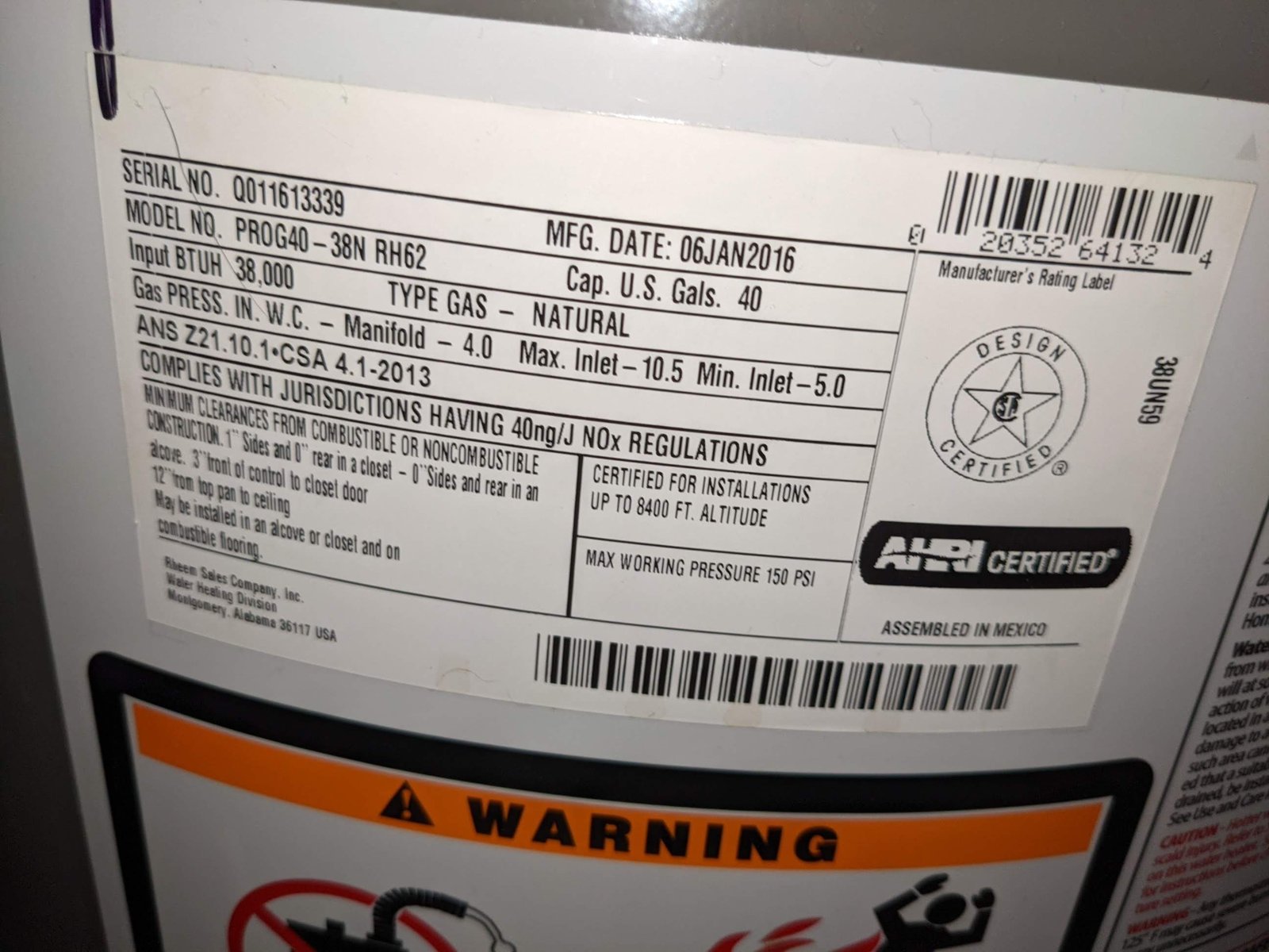 Water heater · Gas tank · 40 gallons