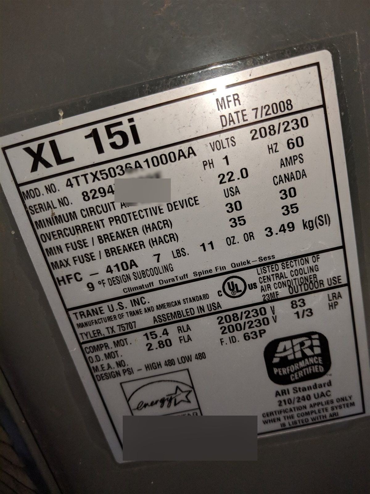 Equipment schedule · Air conditioner data plate