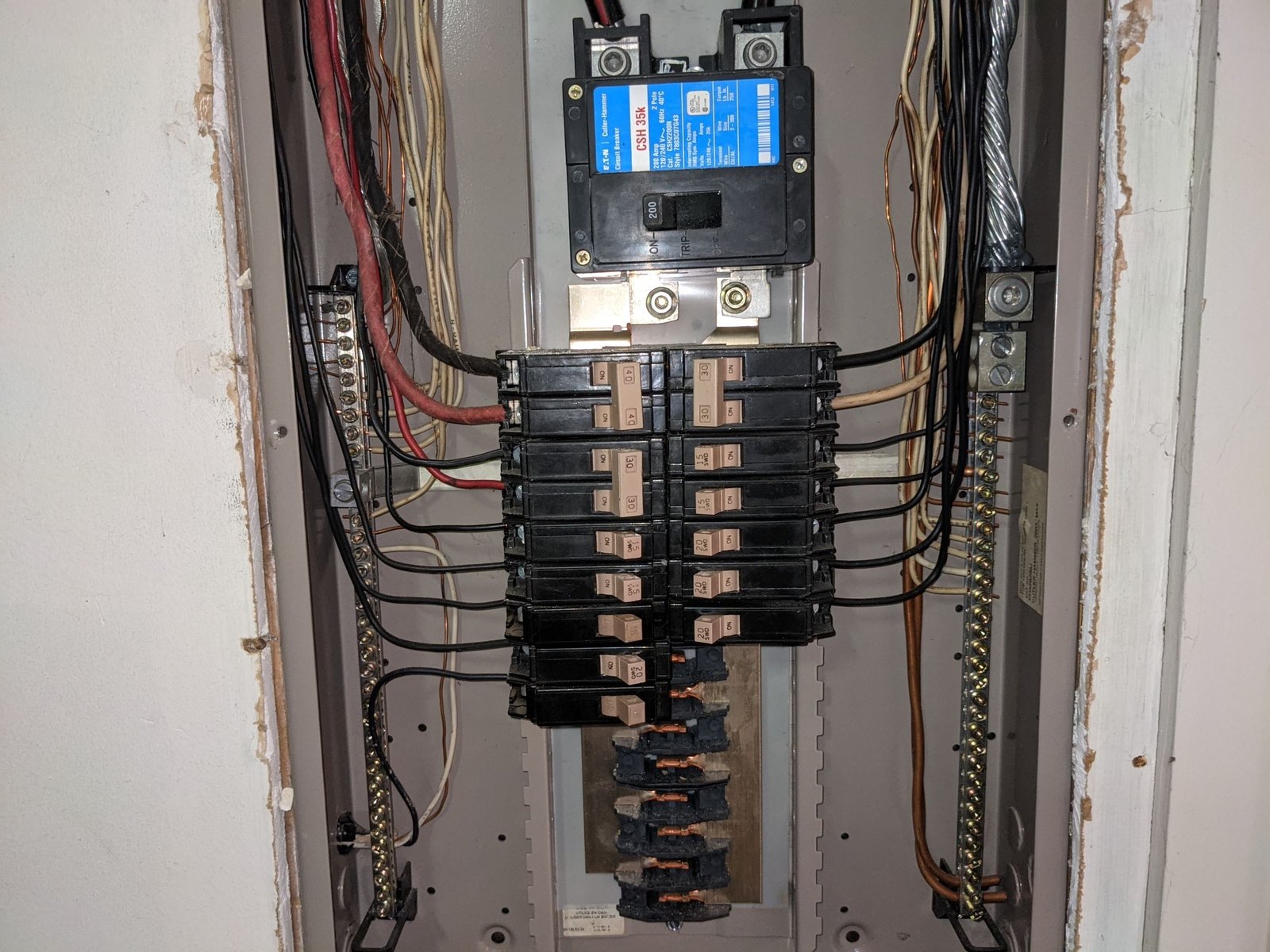 Main electric panel · 200-amp main breaker