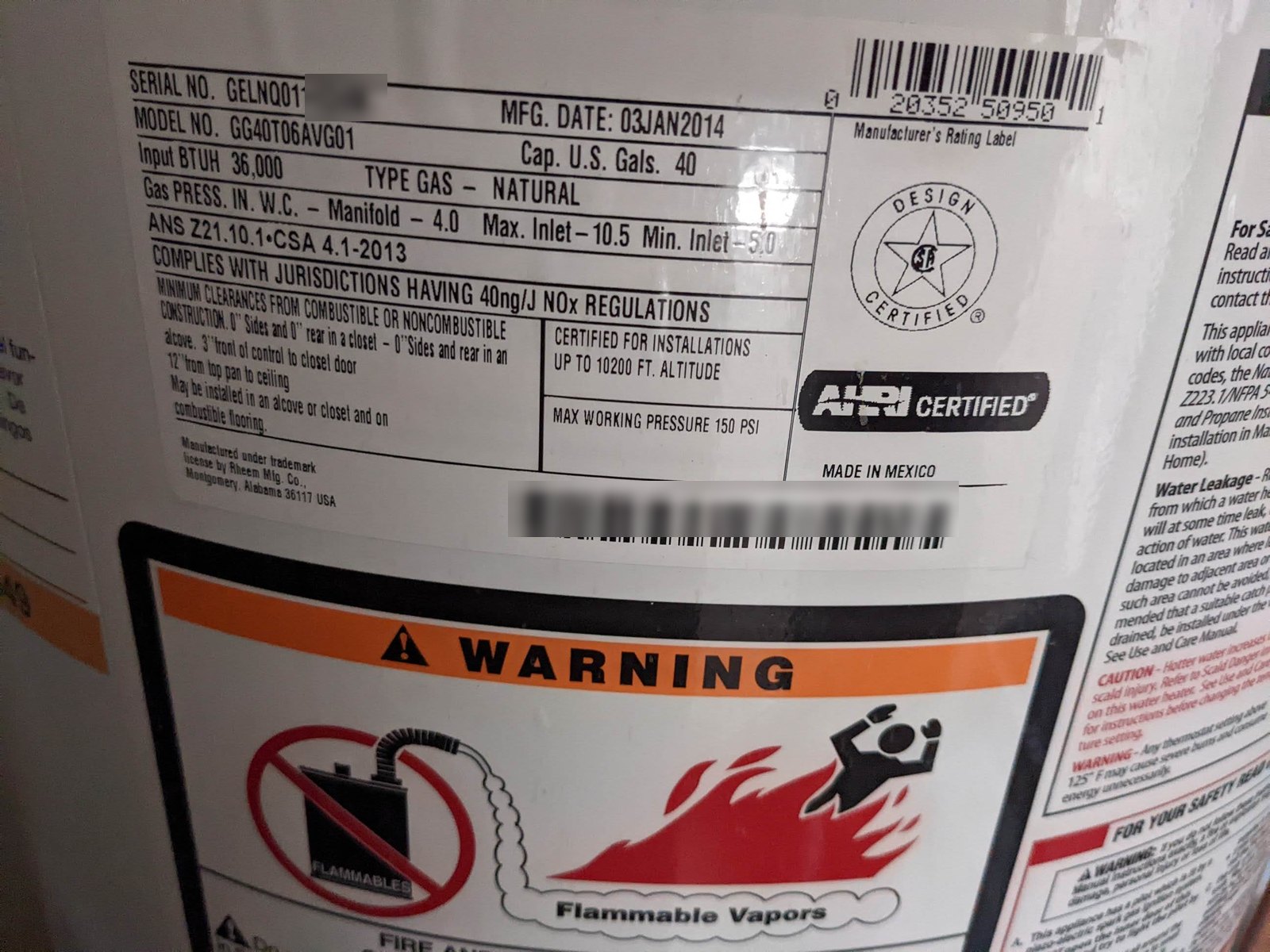 Equipment schedule · Water heater data plate