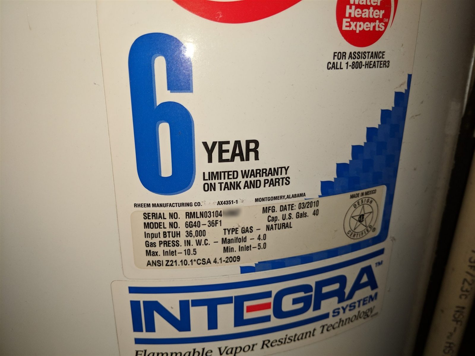 Equipment schedule · Water heater data plate